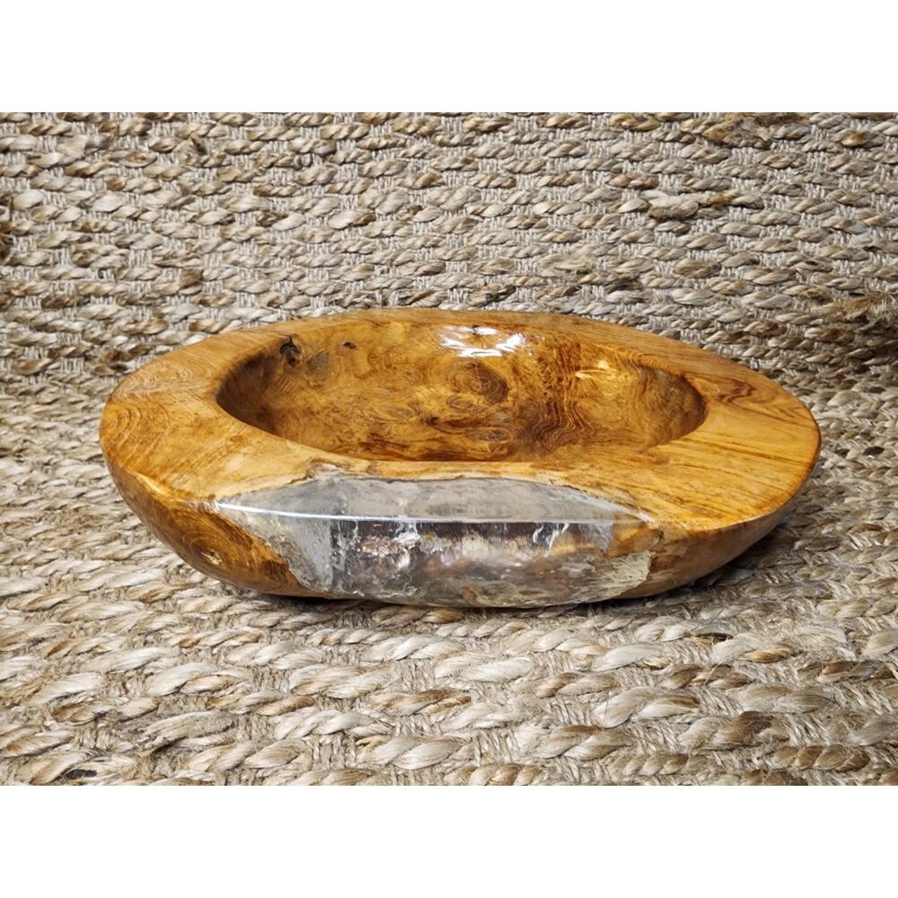 Vintage Hand-Crafted Teak Burl Wood Root Ball Bowl w/ Epoxy Filler 11.75"x10.5"